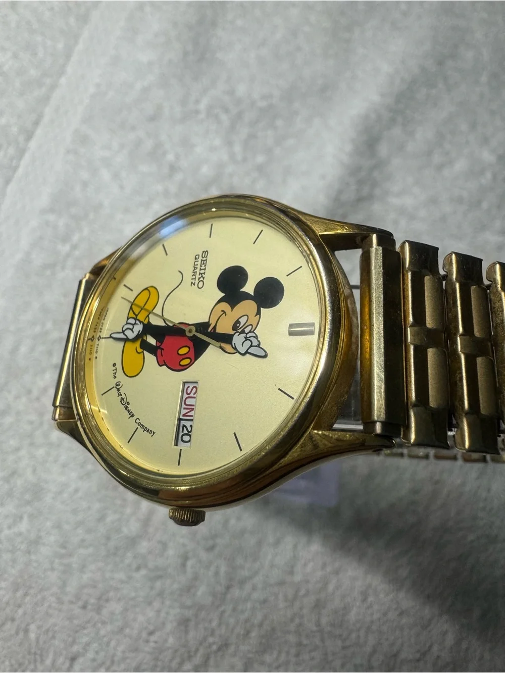 Seiko Gold Tone Mickey Mouse Dial Watch with Red and Yellow Accents